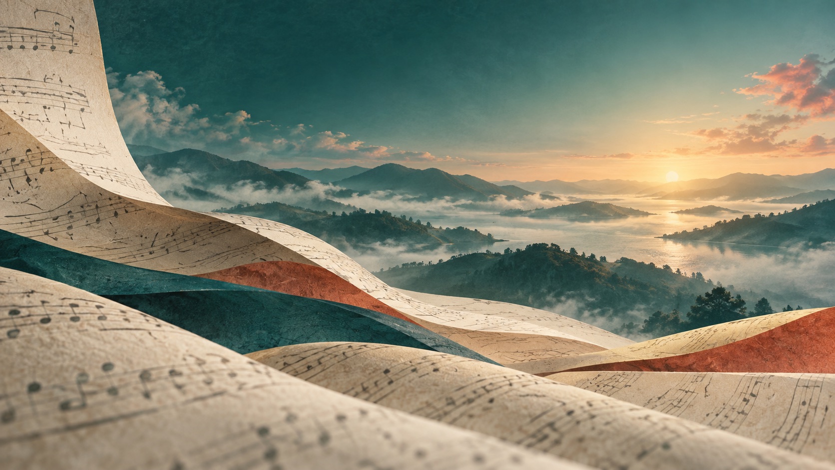 Paisagem ampla entre montanhas e camadas de partituras; imagem ilustrativa.