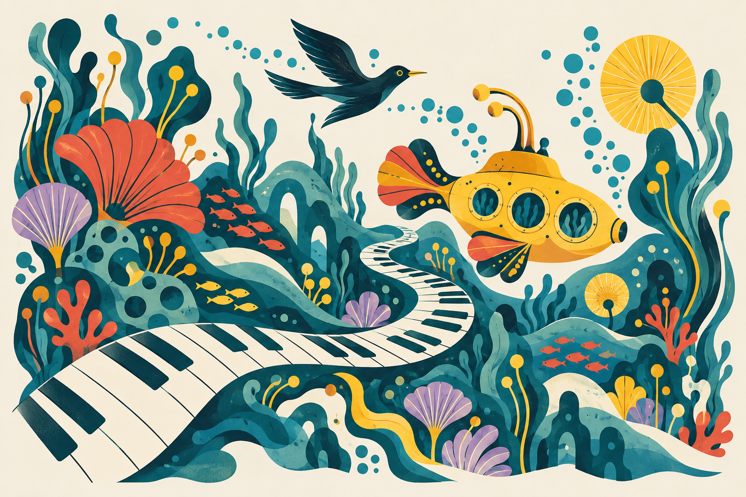 Ilustração de aventura musical com submarino amarelo, pássaro e teclado em ondas.