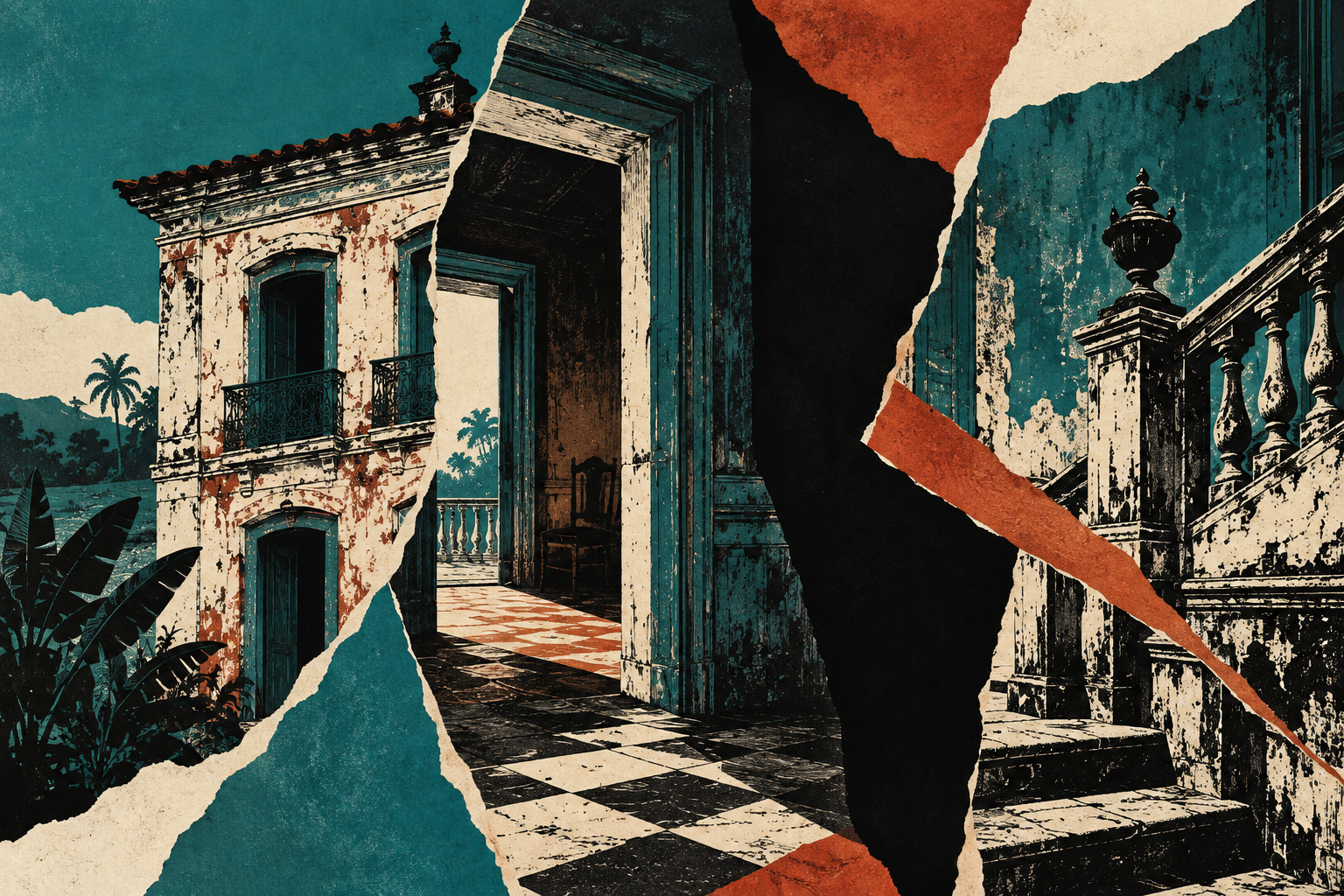 Ilustração editorial de uma casa fragmentada em colagem, criada para o Clube do Livro